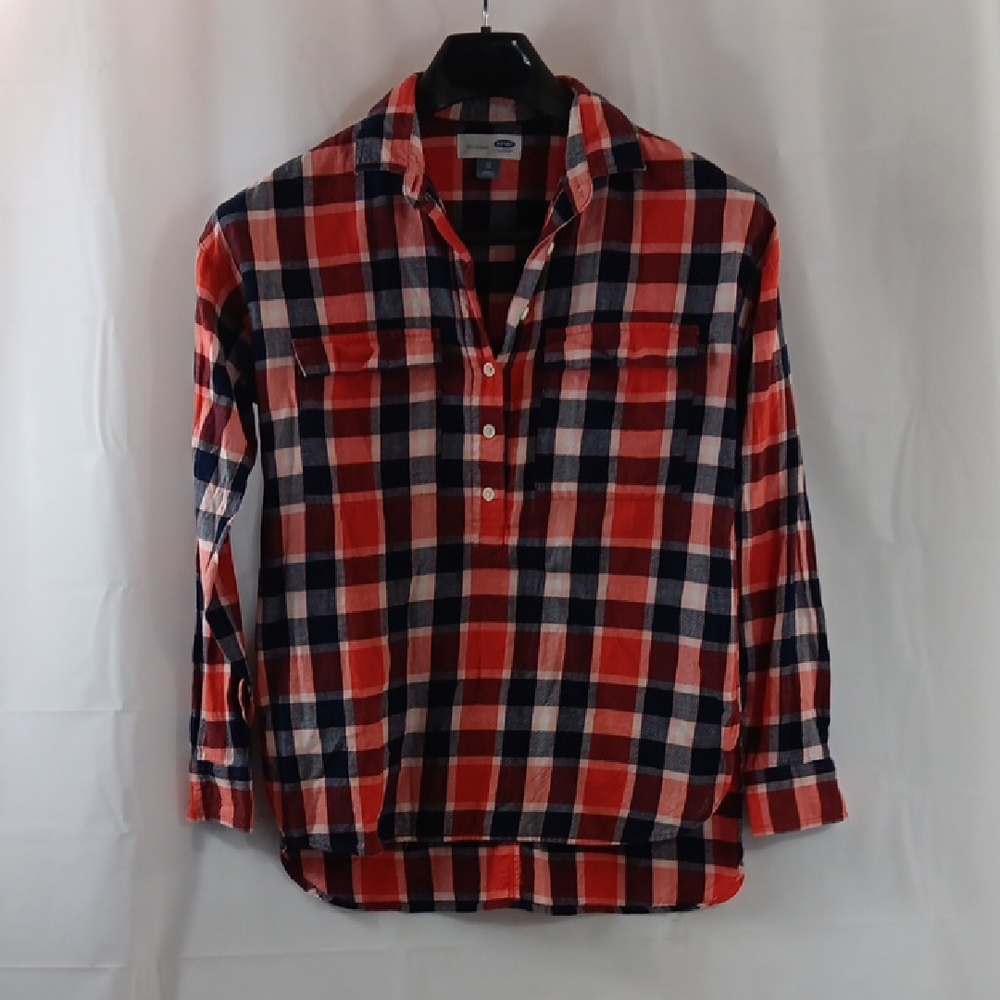 Old Navy Boyfriend Women's Size XS Orange Red and Blue Plaid Shirt